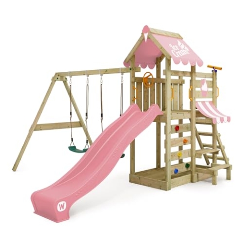 WICKEY Spielturm Klettergerüst VanillaFlyer mit Schaukel & Rutsche, Kletterturm mit Sandkasten, Leiter & Spiel-Zubehör – pastellpink