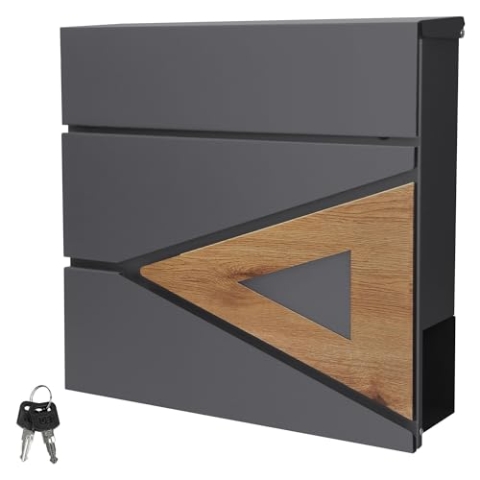 ML-Design Briefkasten 37x36,5x11 cm Anthrazit/Holzoptik aus Stahl, Postkasten mit Zeitungsfach, Abschließbar mit 2 Schlüssel, Moderner Design Wandbriefkasten mit Zeitungsrolle, Mailbox für Wandmontage