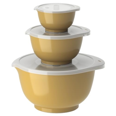 Rosti Margrethe Schüssel Set, Rührschüssel Set, 6-Teilig mit 3 Rührschüsseln und 3 Deckel, Teigschüssel aus Recycelbarem Kunststoff, 0,25 Liter, 0,75 Liter und 3 Liter, Curry