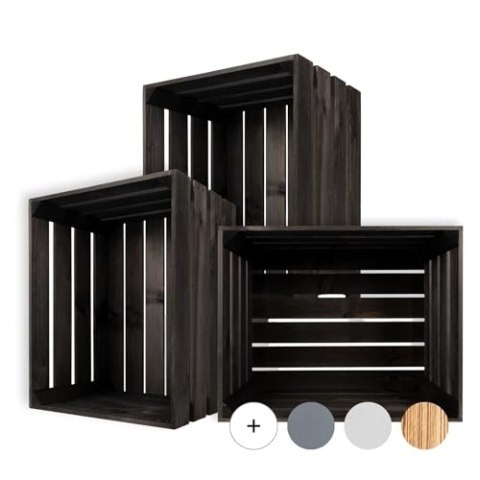 Creative Deco 3 x Große Holzkiste Schwarz | 50 x 40 x 30 cm | Weinkisten Set Obstkiste Holz | Geschliffen Vintage Holzbox Kiste | Perfekt als Deko Geschenkkorb leer Spielzeugkiste Aufbewahrungsbox