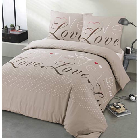 Vision Bettwäsche aus Flanell, Motiv: Love, Taupe, Bettbezug 260 x 240 cm, mit 2 passenden Kissenbezügen, 65 x 65 cm, 100 % Baumwolle