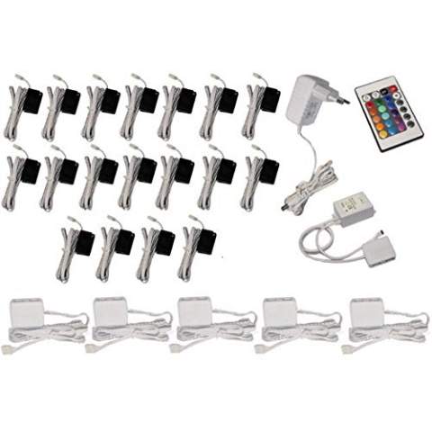 Trango 18er Set RGB Farbwechsel LED Glaskantenbeleuchtung inkl. Fernbedienung 5022-18 Schrankbeleuchtung I Glasbodenbeleuchtung I Vitrinenbeleuchtung I LED Clips I Möbelbeleuchtung