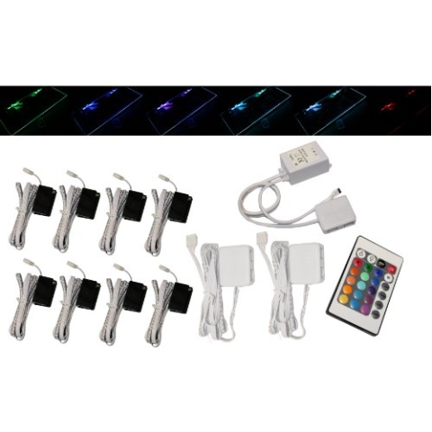 Trango 8er Set 5022-08 RGB Farbwechsel LED-Glaskantenbeleuchtung inkl. Fernbedienung Schrankbeleuchtung I Glasbodenbeleuchtung I Vitrinen Beleuchtung I LED Clips I Möbelbeleuchtung