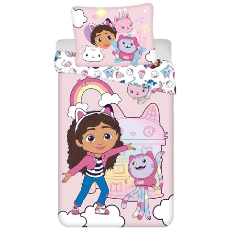 Jerry Fabrics Kinderbettwäsche Gabbys Dollhouse Gabby mit Katzen und Tiere Bettdecke 140 x 200 + Kopfkissen 70 x 90 cm 100% Baumwolle, Dream Works