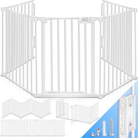 KESSER® Kaminschutzgitter mit Tür 600 cm Metall Ofenschutzgitter Laufgitter Laufstall Absperrgitter Tierschutzgitter Türschutzgitter für Kinder-Sicherung, 10-teilig Elemente (je 60 x 75 cm) Weiß