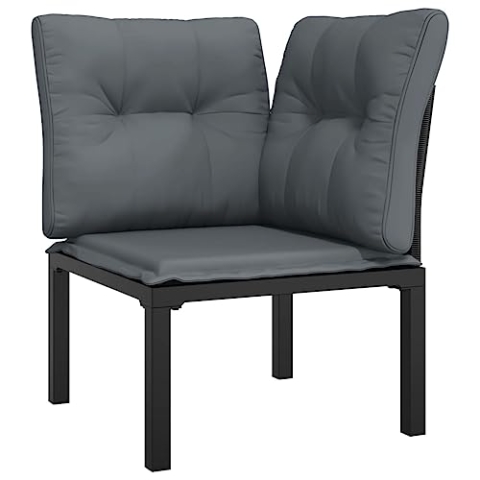 vidaXL Garten Eckstuhl, Sessel mit 1 Sitzkissen 2 Rückenkissen, Gartenstuhl mit Stahlrahmen, Gartensessel Outdoor Stuhl, Schwarz Grau Poly Rattan