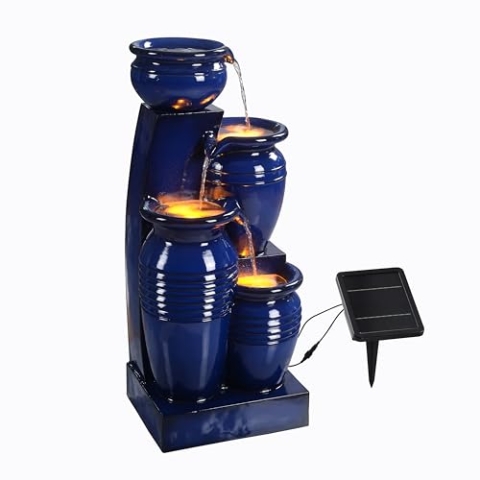 Teamson Home 28,74" 4-stufiger Kaskadierender Schalen Solarbetriebener Wasserbrunnen für Außenbereiche, Marineblau