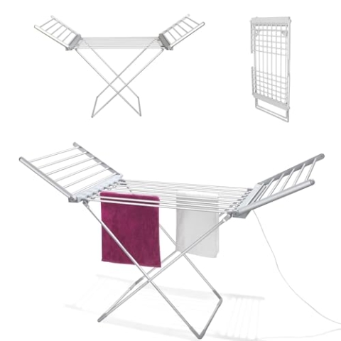 Fishtec - Elektrischer Wäscheständer aus Aluminium, 18 Stangen, 230 W, 145 cm lang, aus Silberfarbenenen Aluminium, mit Wärme für Schnelltrocknende Haushaltswäsche, Geeignet fürs Badezimmer