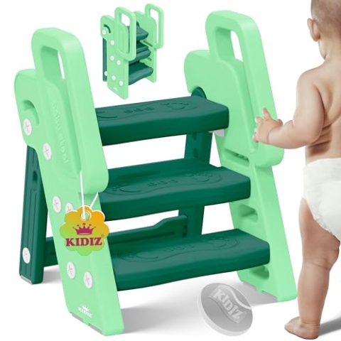 KIDIZ® Tritthocker für Kinder Trittleiter Klappbar mit 3 Stufen | Faltbarer Lern-Turm ab 18 Monaten bis 6 Jahren | Robust | Sicherer & Stabiler Trittschemel | Höhenverstellbar rutschfest Mint Grün