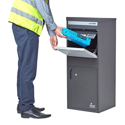 SMART PARCEL BOX Paketbox draußen, Standbriefkasten mit Paketfach, Paketbriefkasten XXL, große Postbox für Pakete outdoor, Paketkasten Entnahme hinten & vorne, rostfrei, verzinkter Stahl, grau