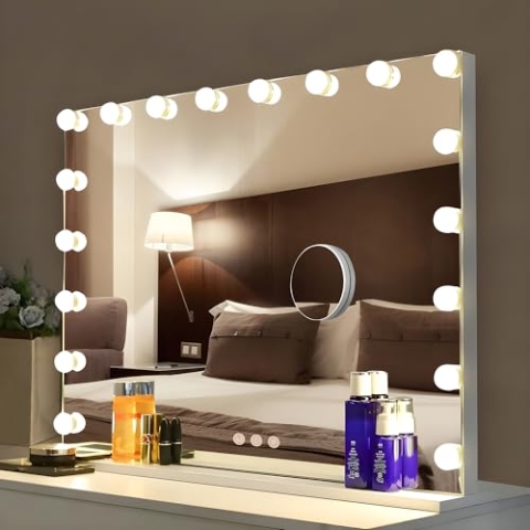 Bayt Hollywood Spiegel 80x60 cm mit LED Beleuchtung – Schminkspiegel Weiß mit 18 dimmbaren Lampen, 3 Lichtmodi (warm, kalt, neutral), Touchscreen & 10x Vergrößerungsspiegel