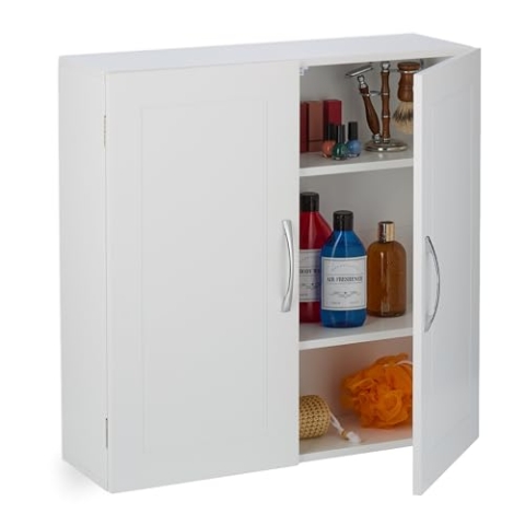 Relaxdays Badschrank, hängend, 3 Flexible Fächer, 2 Türen, HxBxT: 60 x 60 x 20 cm, Hängeschrank für die Wand, weiß