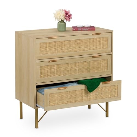 Relaxdays Kommode, 3 Schubladen, Rattan- & Holzoptik, HBT 80 x 80 x 42 cm, Wohnzimmer, Flur, Kommodenschrank, natur/gold