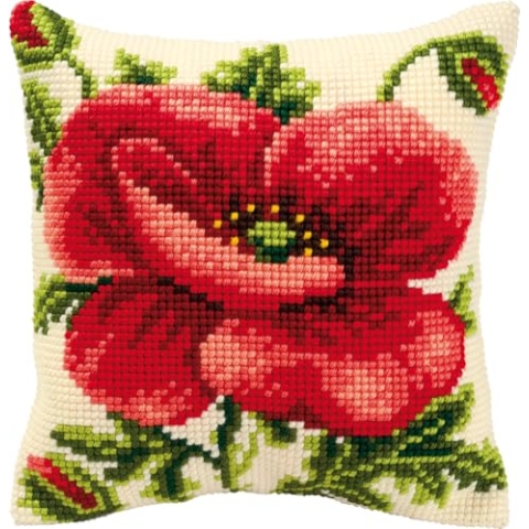 Vervaco Kreuzstich Stickpackungen Kissen Stickerei Set Anfänger Vorgedruckt Mohnblume DIY Set Kreativ Set Für Erwachsene Dekoratives Kissen ca. 40 x 40 cm Bastelset Handwerker Haus Dekoration