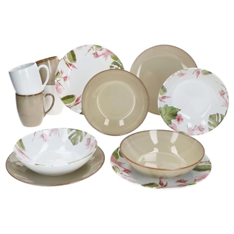 MÄSER Ossia 12tlg Frühstücksset Exotic Tearose Sand I Je 4X Teller, Schalen 330ml & Becher 300ml für 4 Personen I tropisches Dekor I Steingut-Geschirr für Frühstücks- & Kaffeezeit