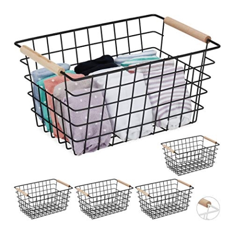 5 x Drahtkorb, Holzgriffe, rechteckig, Gitter Design, Kleidung, Accessoires, Metallkorb, HBT: 16x31x21 cm, schwarz