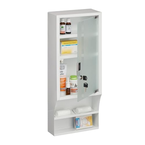 Relaxdays Medizinschrank, Glastür, abschließbar, 5 Fächer, HBT 65x27x12 cm, für Medikamente, Arzneischrank hängend, weiß, Stahl, 65 x 27 x 12 cm