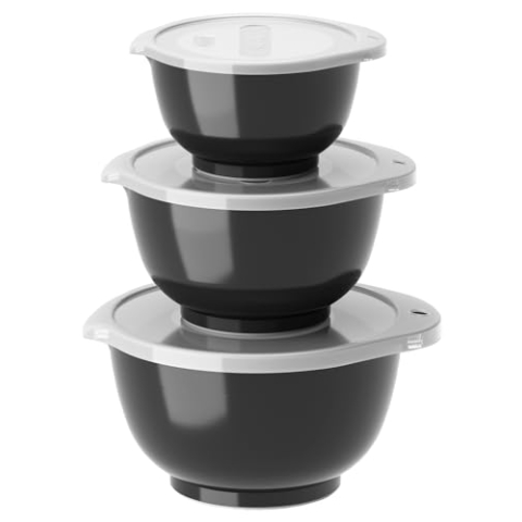 Rosti Margrethe Schüssel Set, Rührschüssel Set, 6-Teilig mit 3 Rührschüsseln und 3 Deckel, aus Recycelbarem Kunststoff, 0,25 Liter, 0,5 Liter und 0,75 Liter, Carbon Black (Schwarz)