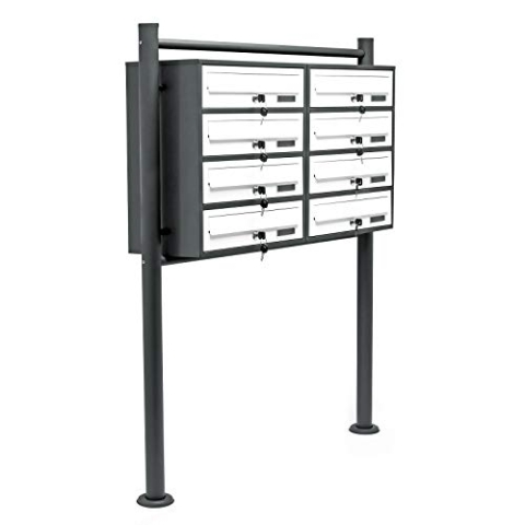 Wiltec 8er Briefkastenanlage Weiß/Anthrazit 270 x 898 x 1500 mm, Standbriefkasten mit 2x4 Fächern, Schlüssel und Namensschild, Briefkasten Postkasten mit Ständer