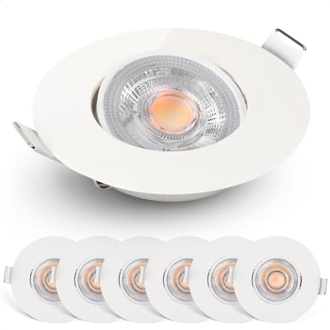 EMOS LED Einbaustrahler 230V dimmbar, 4,9W / 480lm, 50° schwenkbar, warmweiß 2700K | Set mit 6 Stück Einbaustrahler LED Spot ultraflach, rund | Deckenspots LED dimmbar für Innenräume, Farbe weiß
