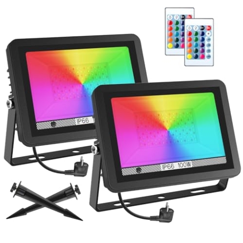 T-SUNUS RGB Strahler Außen 100W, RGB Strahler Outdoor mit Fernbedienung IP65 Wasserdicht 16 Farben und 4 Modi, LED Strahler Fluter für Party Garten Festival Deko Weihnachten