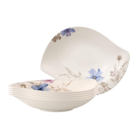 Villeroy & Boch Mariefleur Gris Tiefe Schalen 6er Set, 29x21 cm, Große Schüssel für Beilagen und Salate, Premium Porzellan, Weiß/Bunt