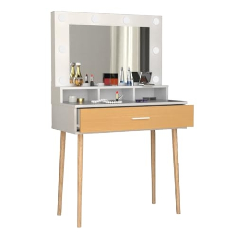 VCM Frisiertisch | Maße ca. H. 133 x B. 80 x T. 40 cm | Schminktisch mit Schublade und Spiegel | Kosmetiktisch - Lindas Weiß/Honig-Eiche