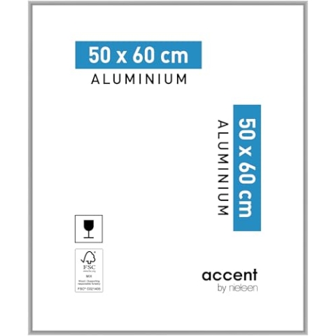 accent by nielsen Bilderrahmen, 50 x 60 cm, Aluminium, Silber matt, Posterrahmen zum Aufhängen im Hoch- & Querformat, Echtglas, Accent