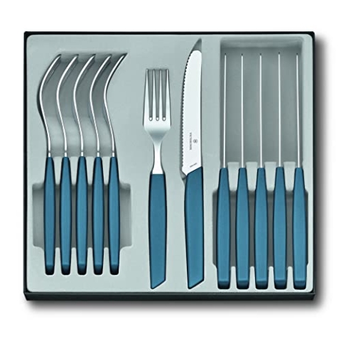 VICTORINOX Swiss Modern Besteck-Set für 6 Personen, 12-teilig, inkl. scharfe Messer mit Wellenschliff, Kunststoffgriffe, Kornblumen-Blau