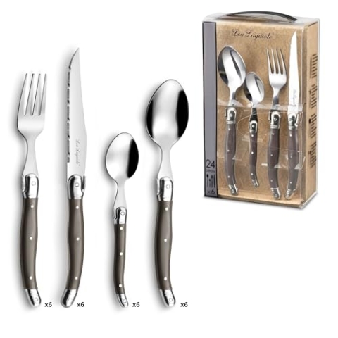LOU LAGUIOLE TRADITION Steakmesser Besteck Set 24-teilig | Steakbesteck mit Tradition und Stil | Griffe in Pfeffer | Wellenschliff Messer | Grillbesteck Set | Scharfe Messer | Besteck Set 6 Personen
