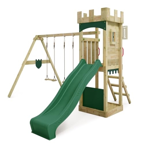 FATMOOSE Spielturm Ritterburg TreasureTower Top XXL mit Schaukel & Rutsche, Outdoor Kinder Kletterturm mit Sandkasten Leiter & Spiel-Zubehör für den Garten (grün)