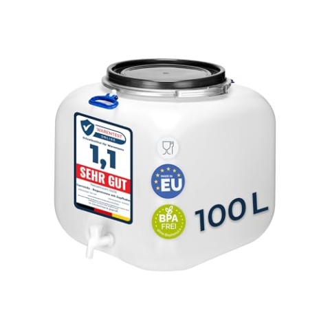 Garronda 100 Liter Regentonne Fass Behälter mit Deckel Auslaufhahn Weithalsfass quadratisch Wassertank Regenfass für Garten Sauerkrautfass Pökelfass für Fleisch Weinfass Surfass GD-0089, Weiß