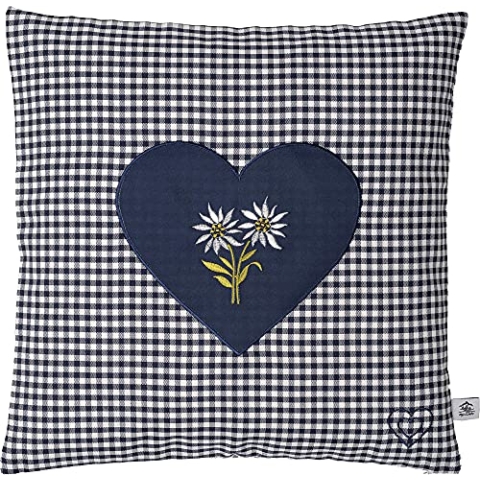 Zirbenkissen Bestickt mit Herz und Edelweiss blau karriert Größe 40x40 cm befüllt mit Zirbenflocken aus Zirbenholz in extra Inlett