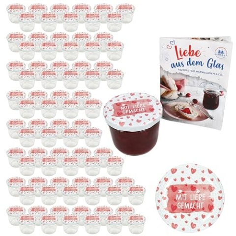 MamboCat 100er Set Sturzglas 230 ml mit Schraub-Deckel Mit Liebe gemacht I Einmachgläser + TO 82 Deckel mit Diamant-Zucker-Rezept I Vorratsgläser einkochen & konservieren