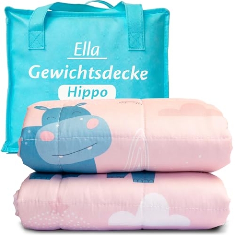 Ella Kinder Gewichtsdecke 2,4 kg 90x120 cm – Therapiedecke, für Stressabbau & Angstzustände, Hypoallergene Glasperlen, weiche & kühlende Baumwoll- Außenschicht, für Kinder von 15-25 kg – Hippo
