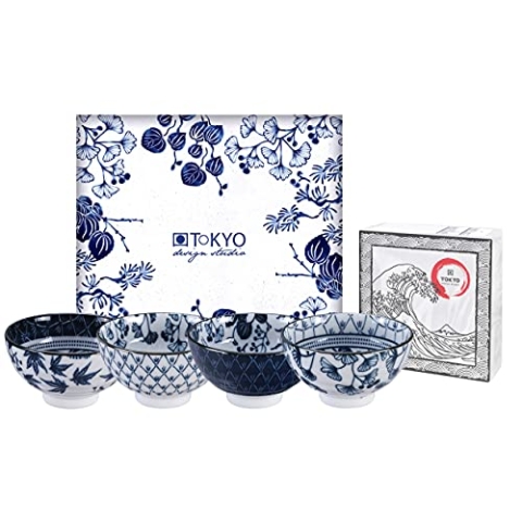 TOKYO design studio Flora Japonica 4-er Schalen-Set blau-weiß, Ø 12 cm, 6,3 cm hoch, ca. 300 ml, asiatisches Porzellan, Japanisches Blumen-Design, inkl. Geschenk-Verpackung