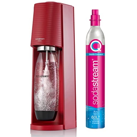 SodaStream Terra Sprudelwassermaschine Best-Seller | Pack 1 Flasche 1 l + 1 Gasnachfüller 60 l zum Anklemmen | Rot