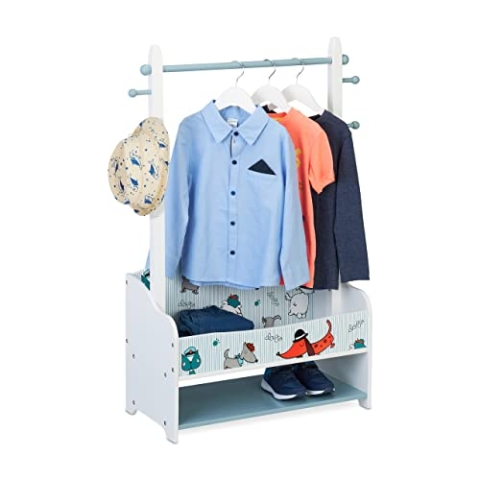 Relaxdays, bunt Kleiderständer Kinder, HBT: 101x71x30 cm, 4 Haken, 2 Ablagen, Garderobe, Kleiderstange für Kinderzimmer, Holz, 101 x 71 x 30 cm