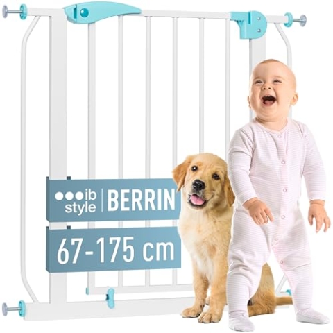 ib style Türschutzgitter Berrin 67-175, Treppengitter für Babys, Treppenschutzgitter ohne Bohren, Türgitter zum Klemmen, Türrahmen, Weiß Türkis, 130-140 cm