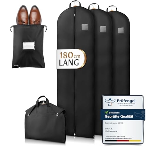 Bruce.® 3x Kleidersack Lang 180x60 cm inkl. 1x Schuhbeutel – Extra langer Kleidersack für Brautkleid, Ballkleid & Abendrobe – 120 GSM Materialstärke – Atmungsaktive Hülle für Schutz & Lagerung
