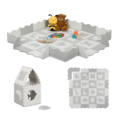 Relaxdays Puzzlematte, 36-TLG. Spielmatte mit Rand, Tiermotive, schadstofffreier Schaumstoff, Kindermatte, weiß/grau