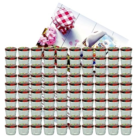 MamboCat 100er Set Sturzglas 230 ml Marmeladenglas Einmachglas Einweckglas To 82 Obst Dekor Deckel incl. Diamant-Zucker Gelierzauber Rezeptheft