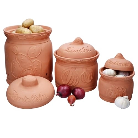 MamboCat 3er Set Terra Kartoffeltopf, Zwiebeltopf & Knoblauchtopf aus Terrakotta I Tontöpfe mit Deckel für Ihre Küche I Aufbewahrungsdose mit Relief & Schriftzug I Ideal für die Lange Lagerung