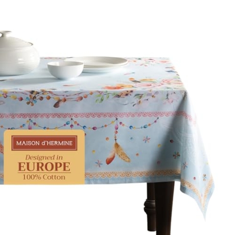 Maison d' Hermine Tischdecken, 100% Baumwolle, 160cm x 220cm dekorative quadratische Oster-Tischdecke, waschbare Tischdecke für Feiertagsessen, Hochzeit, Babyparty, Ibiza - Blue – Frühling/Sommer