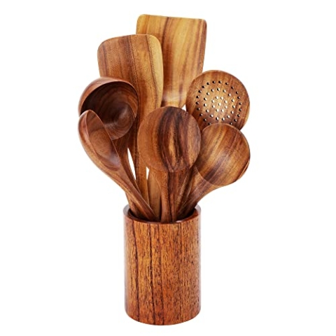 FJNATINH Holz Kochbesteck-Set mit Halter,Pfannenwender Schaumlöffel Holzwender Servierlöffel Rührlöffel Suppenschöpflöffel Öllöffel-7 Stück aus natürlichem Teakholz Küchenutensilien Set