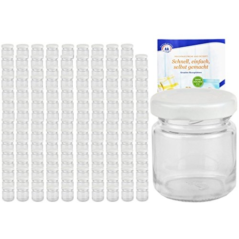 MamboCat 200er Set Rundgläser 53 ml Deckelfarbe weiß TO 43 inkl. Diamant Gelierzauber Rezeptheft, Einmachgläser, Einkochgläser, Vorratsgläser, Mini Sturzgläser, Obstgläser, Portionsgläser, Gläser