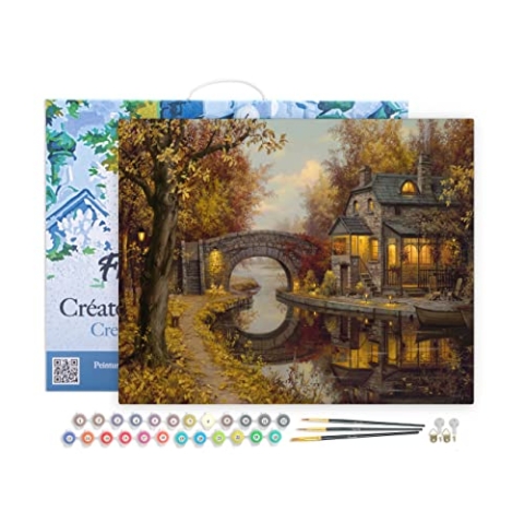 Figured'Art Malen Nach Zahlen Erwachsene Mit Rahmen Landhaus im Herbst - Paint by Numbers Basteln DIY Bastelset 40x50cm Leinwand gespannt auf Holzrahmen
