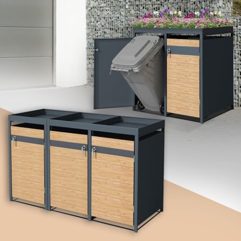 ML-Design Mülltonnenbox 3er mit Pflanzdach für 3 Tonnen, 240L 200x80x124 cm Lärchenoptik, Stahl, wetterfest, Abschließbare Mülltonnenverkleidung mit Tür, Müllbox Mülltonnecontainer Mülltonnenabdeckung