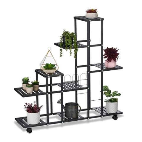 Relaxdays Blumenständer mit Rollen, H x B x T: 91,5 x 93 x 26 cm, Metall, 9 Ablagen, Pflanzenständer für innen, schwarz
