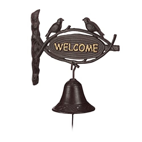 Relaxdays 3 x Türglocke Gusseisen Welcome, Antik-Stil, goldene Buchstaben, Schild mit Vögeln, Haustür & Garten, Dunkelbraun